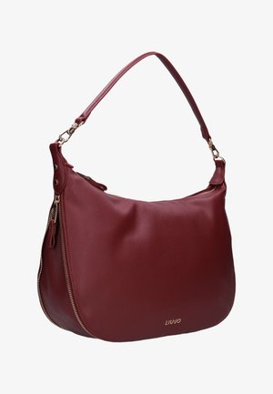 Bolso de hombro de cuero burdeos con cremalleras y detalles de cierre en tono dorado, y logo de la marca "LIU JO" en el frente.