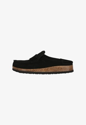 Schwarzer Slipper aus Wildleder mit Kork-Mittelsohle und strukturiertem Gummiaußensohle. Verfügt über eine gestickte Detail auf dem Obermaterial.