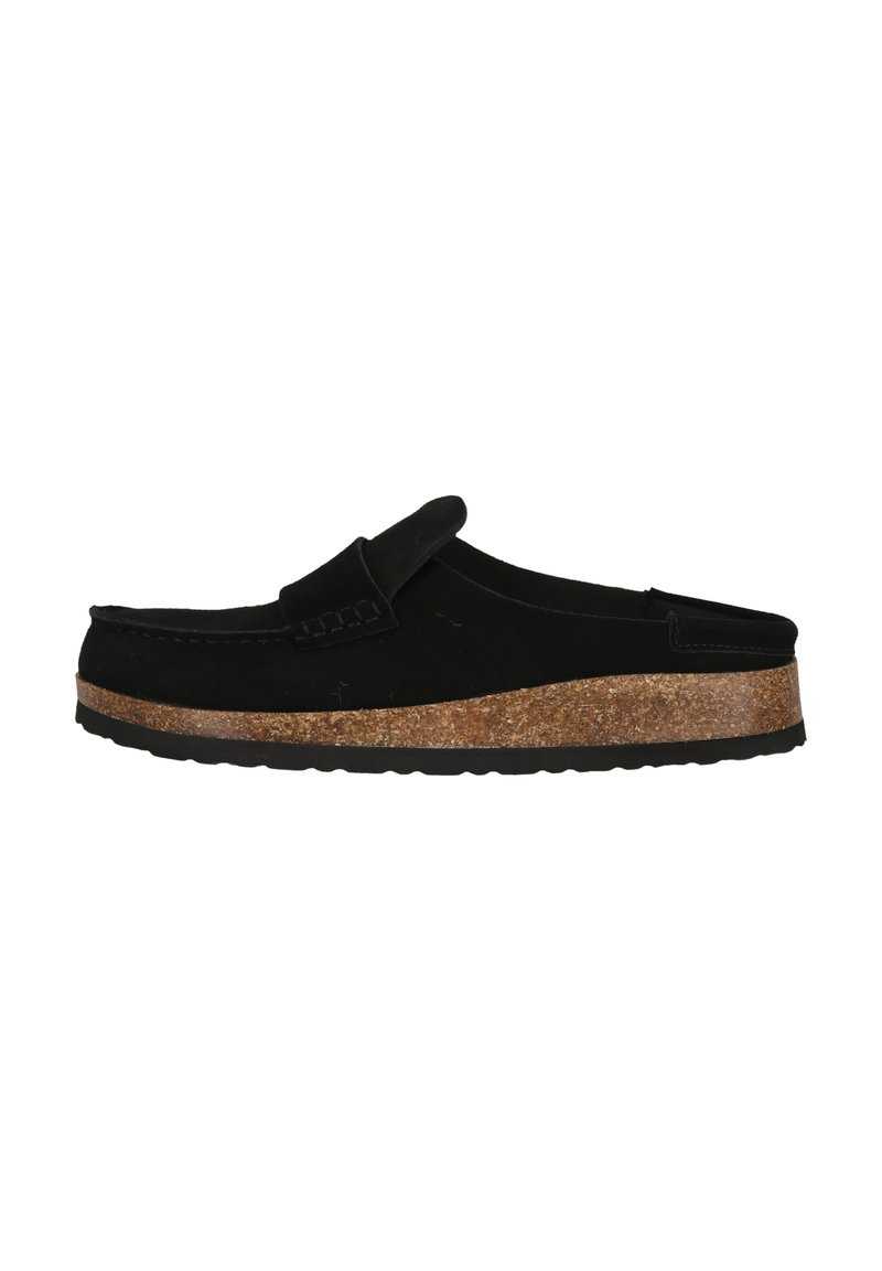Schwarzer Slipper aus Wildleder mit Kork-Mittelsohle und strukturiertem Gummiaußensohle. Verfügt über eine gestickte Detail auf dem Obermaterial.