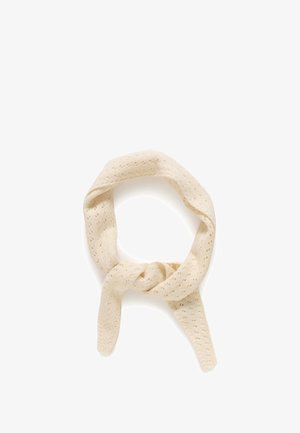 Knit cream-colored scarf with a textured pattern of small holes. Features a twisted design, creating a loop with two hanging ends.
