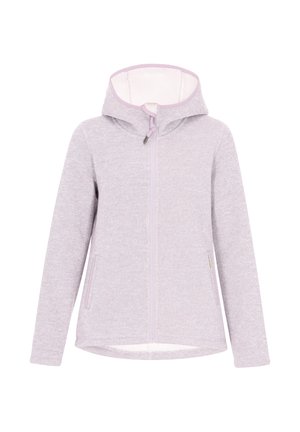Lys lilla lynlås hættetrøje med hætte, blød tekstur, fleeceforing og to sidelommer. Indeholder snøre og kontrasterende indvendig kant.