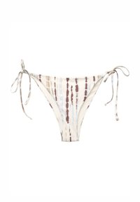 Bas de bikini avec liens réglables, en tissu beige clair avec des motifs de coups de pinceau verticaux dans des nuances de marron et de bleu.