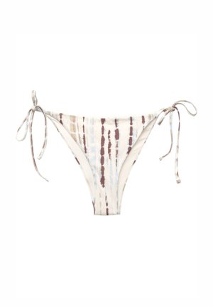 Bas de bikini avec liens réglables, en tissu beige clair avec des motifs de coups de pinceau verticaux dans des nuances de marron et de bleu.
