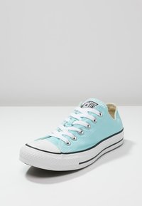 Baskets en toile bleu clair avec lacets blancs, embout en caoutchouc et bande noire sur la semelle. Forme ronde, avec des détails de couture sur la tige.