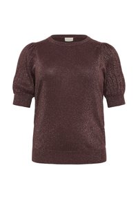 Dark purple short-sleeve top with shiny fabric, round neckline, and gathered puff sleeves with ribbed cuffs.