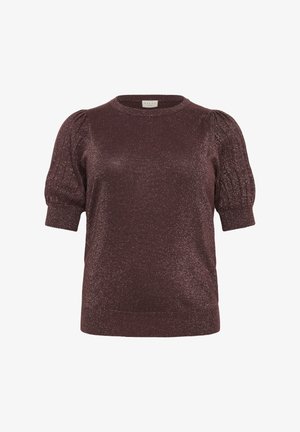 Dark purple short-sleeve top with shiny fabric, round neckline, and gathered puff sleeves with ribbed cuffs.