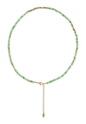 Colier delicat cu mărgele verde deschis, separatoare mici din aur și o închizătoare reglabilă din lanț auriu în partea de jos.