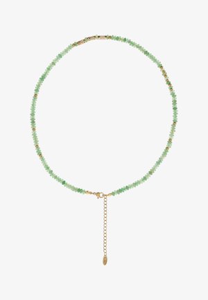 Feine Halskette mit hellgrünen Perlen, kleinen goldenen Zwischenstücken und einem verstellbaren goldenen Kettenverschluss am unteren Ende.