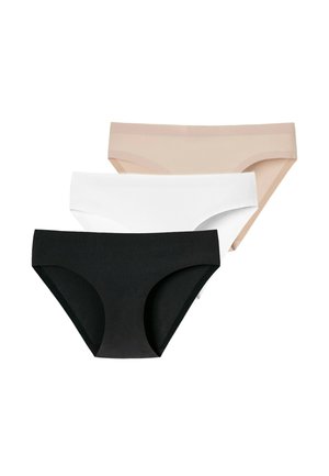 Drie naadloze dameshipsters in beige, wit en zwart, gestapeld op een witte achtergrond.