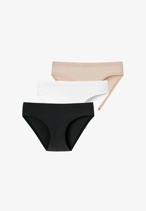 Drei nahtlose Hipster-Slips für Damen in Beige, Weiß und Schwarz, auf einem weißen Hintergrund gestapelt.