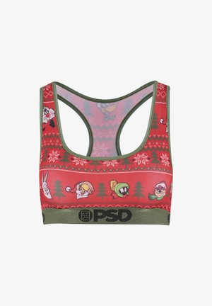 Rood en groene sportbeha met Looney Tunes feestpersonages, sneeuwvlokken, kerstbomen en het PSD-logo op de onderste band.