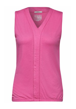 Roze mouwloze top met een V-hals, met een subtiele textuur en stikseldecoratie in het midden. Elastiek bij de taille.