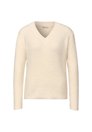 Suéter crema de cuello en v con mangas largas, diseño de punto acanalado texturizado, material suave, corte relajado y sin hardware o acentos visibles.