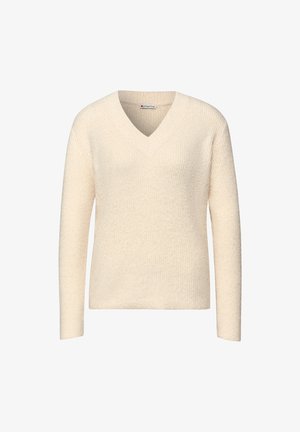 Suéter crema de cuello en v con mangas largas, diseño de punto acanalado texturizado, material suave, corte relajado y sin hardware o acentos visibles.