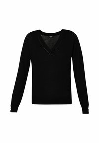 Schwarzer V-Ausschnitt-Pullover aus weichem Material, mit langen Ärmeln, gerippten Bündchen und dekorativen Ausschnitten entlang des Ausschnitts.