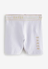Lyslilla shorts med en guld-accentueret talje, der har "BAKER" logo. Glat tekstur, tætsiddende design, længde til midten af låret.