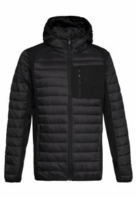 Giacca a vento nera con cappuccio aderente, caratterizzata da pannelli frontali trapuntati, maniche solide, una tasca sul petto con zip e un design elegante.