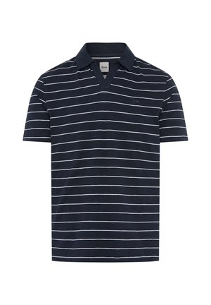 Polo blu navy a maniche corte con righe orizzontali bianche e collo a V.