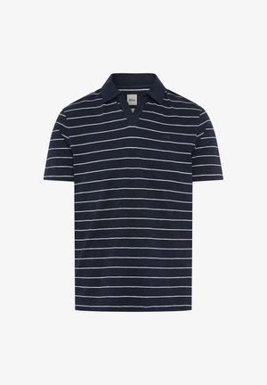 Navy blauw poloshirt met korte mouwen, witte horizontale strepen en een V-halskraag.