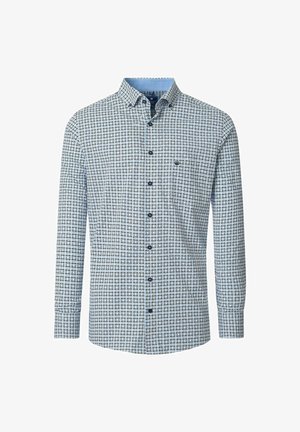 Langärmliges Hemd mit blau-weißer Karomuster aus gewebtem Stoff, mit Button-Down-Kragen und einer einzelnen Brusttasche.