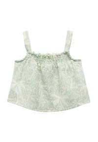 Top sin mangas de color verde claro con tirantes finos, que presenta un cuerpo fruncido y un patrón floral blanco en toda su superficie. Tela suave y texturizada.