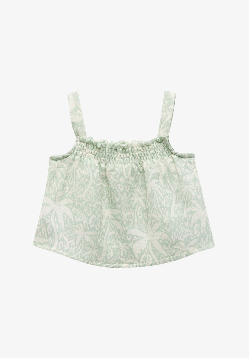 Top sin mangas de color verde claro con tirantes finos, que presenta un cuerpo fruncido y un patrón floral blanco en toda su superficie. Tela suave y texturizada.