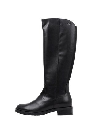 Botas de cuero negro hasta la rodilla con una textura suave, punta redonda, tacón bajo apilado y paneles elásticos laterales para facilitar su uso.