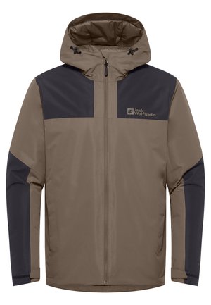 Wasserabweisende Jacke in braun und marineblau, mit Kapuze, Reißverschluss und Logo auf der Brust. Glatte Textur.