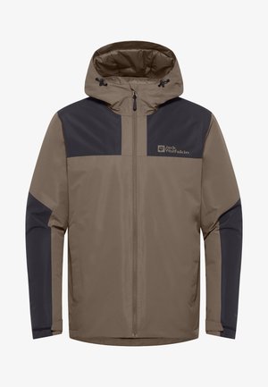 Water-resistant jacket with a brown and navy color scheme, featuring a hood, zip closure, and logo on the chest. Smooth texture.