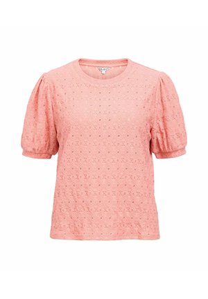 Rosa Bluse mit kurzen Ärmeln, aufgepufften Ärmeln und Lochspitzenstoff mit Blumenmuster, rundem Ausschnitt und lockerem Schnitt.