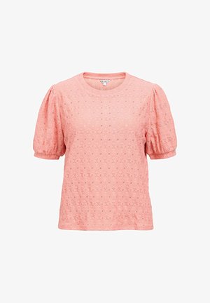 Blouse rose à manches courtes bouffantes en tissu dentelle à œillets avec un motif floral, col rond et coupe décontractée.