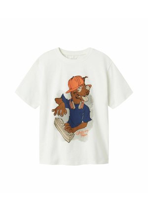 White cotton T-shirt featuring a cartoon dog wearing an orange baseball cap and glasses, playing a keyboard with colorful headphones.