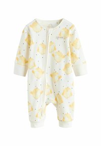 Vit babybody med ribbad textur, prydd med mönster av gula kycklingar och svarta prickar, dragkedja och åtsittande mudd.