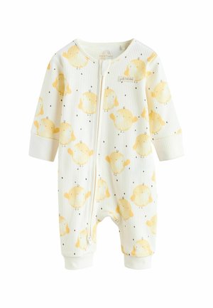 Biały niemowlęcy body z prążkowanej tkaniny, zdobiony wzorami żółtych kurczaków i czarnych kropek, z zamkiem błyskawicznym i dopasowanymi mankietami.