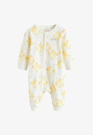 Body blanc pour bébé en texture côtelée, avec motifs de poussins jaunes et points noirs, fermeture éclair et poignets ajustés.