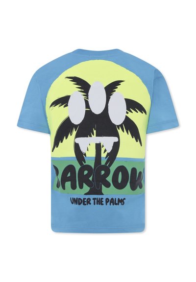 Niebieska bawełniana koszulka z dużą grafiką palmy, białymi okręgami i napisem "BARROW UNDER THE PALMS" w czerni na plecach.