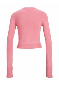 Maglione corto rosa con maniche lunghe. Tessuto lavorato a maglia liscia e orlo a coste in vita e ai polsini. Design semplice senza motivi o decorazioni.