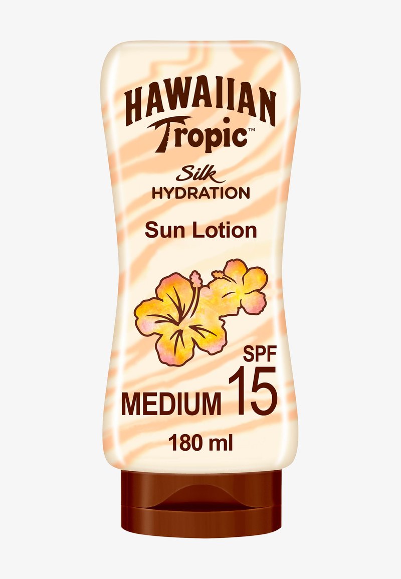 Flacon de lotion solaire Hawaiian Tropic Silk Hydration, SPF 15, protection moyenne, 180 ml, avec motif de fleurs d'hibiscus orange et jaune.