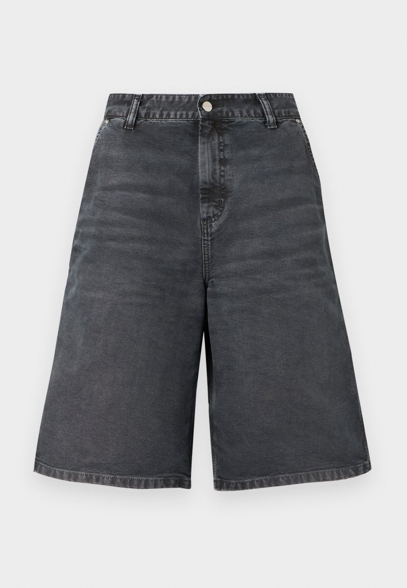 Schwarze High-Waist-Denimshorts mit Knopf- und Reißverschluss, Gürtelschlaufen und einem lässigen, weiten Bein.