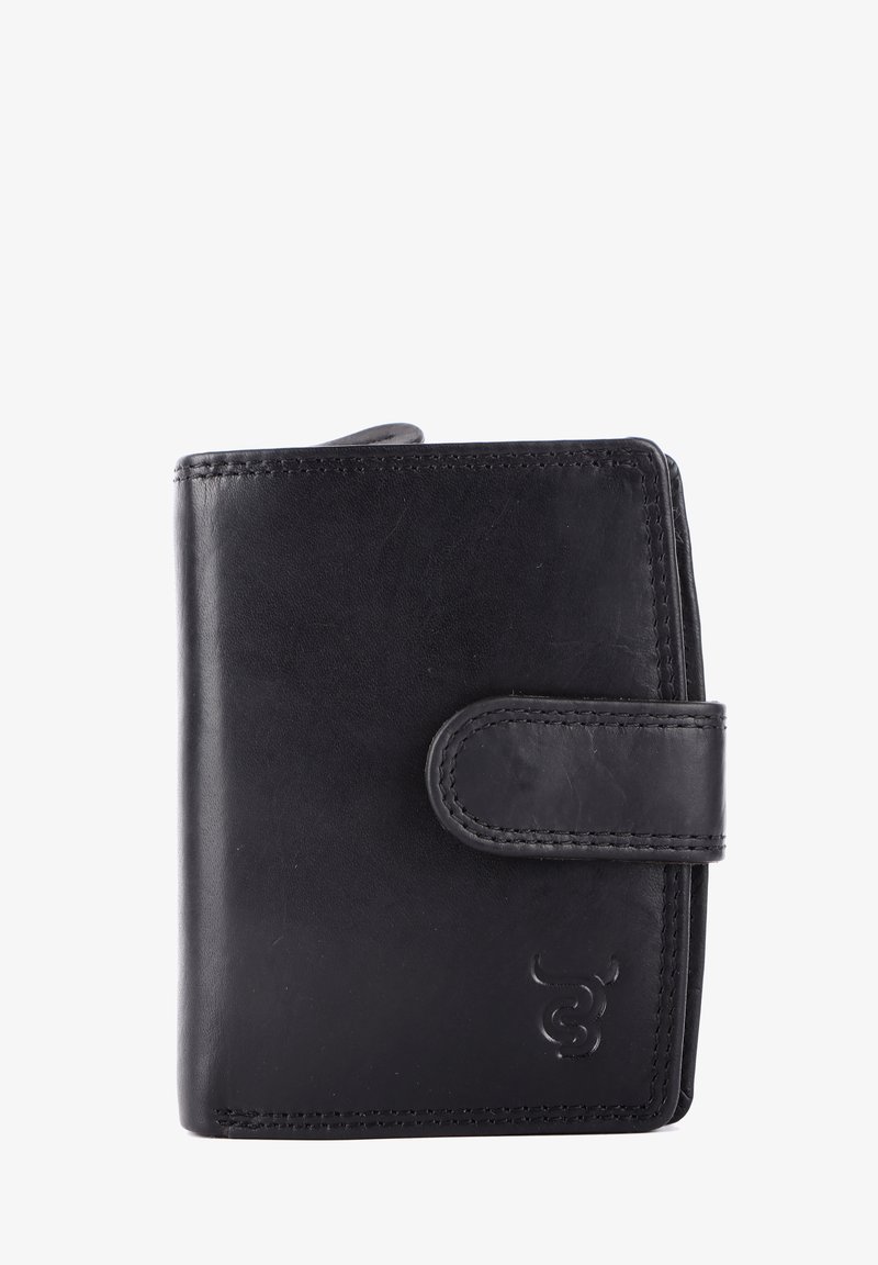 Portefeuille en cuir noir avec fermeture à clapet, texture lisse et bords soigneusement cousus. Détail de logo en relief sur le devant.