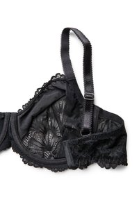 Black lace bra with scalloped edges, floral pattern, adjustable straps, and a smooth inner lining. Closure and hardware details visible.