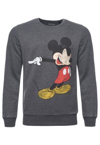 Donkergrijze sweatshirt met lange mouwen, met een grote, versleten afbeelding van Mickey Mouse in rode korte broek en gele schoenen.