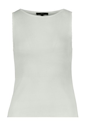 Haut sans manches en maille côtelée blanche avec encolure ronde et étiquette de marque "zero" au dos du col, taille 36.