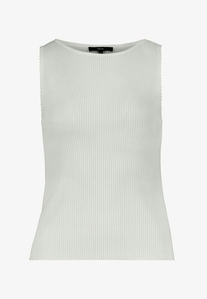 Haut sans manches en maille côtelée blanche avec encolure ronde et étiquette de marque "zero" au dos du col, taille 36.