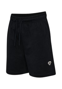 Schwarze Baumwollshorts mit einem elastischen Bund und Kordelzug. Mit einem kleinen weißen Logo auf der unteren linken Seite.