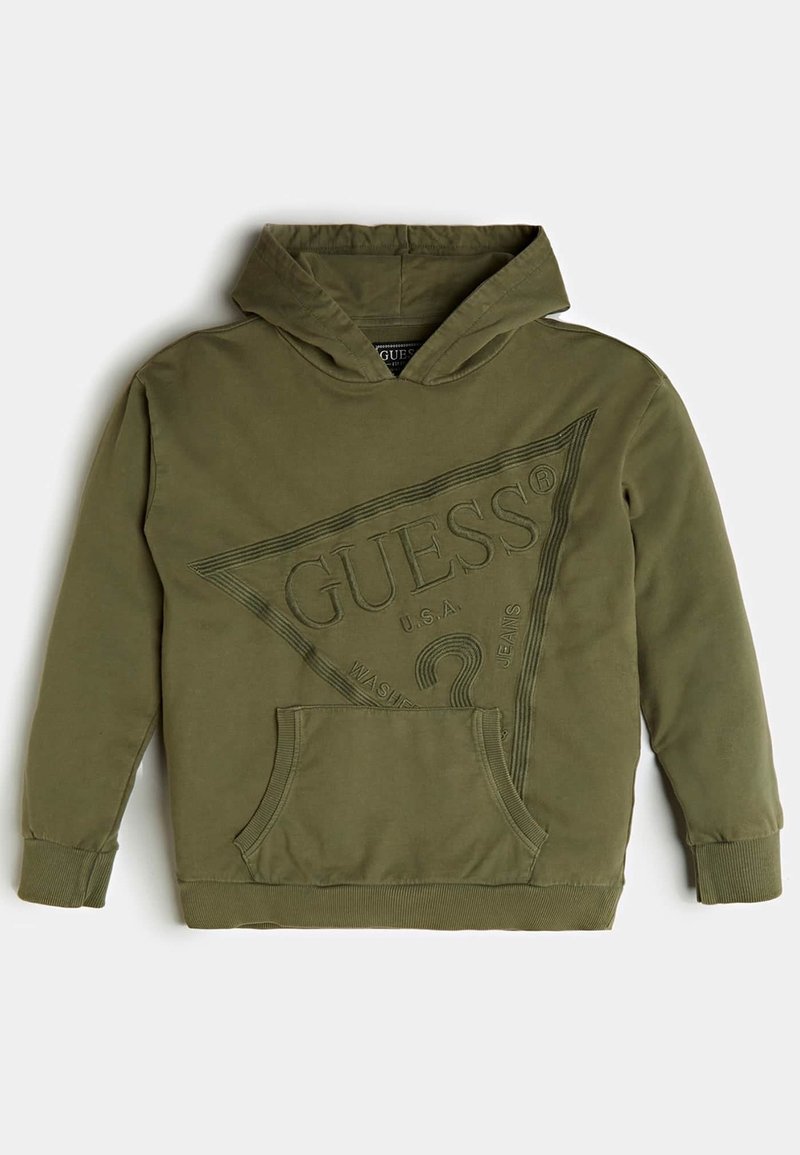 Sweat à capuche vert olive avec poche avant et logo Guess embossé dans un grand triangle sur la poitrine, poignets et ourlet côtelés.