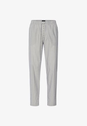 Jasnoszare spodnie do piżamy w białe pionowe paski, z elastycznym pasem i sznurkiem do zaciągania, prezentowane na białym tle.