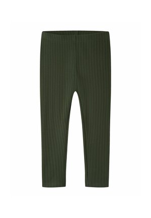 Leggings en maille côtelée vert foncé avec taille élastique, longueur cheville et coupe slim.