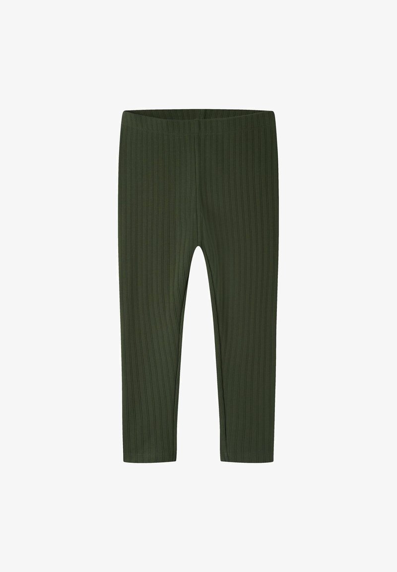 Leggings en maille côtelée vert foncé avec taille élastique, longueur cheville et coupe slim.