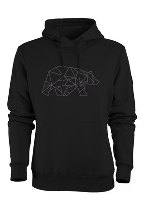 Sudadera negra con un diseño geométrico de un oso en gris. Confeccionada con material suave, cuenta con un bolsillo frontal y capucha con cordón.